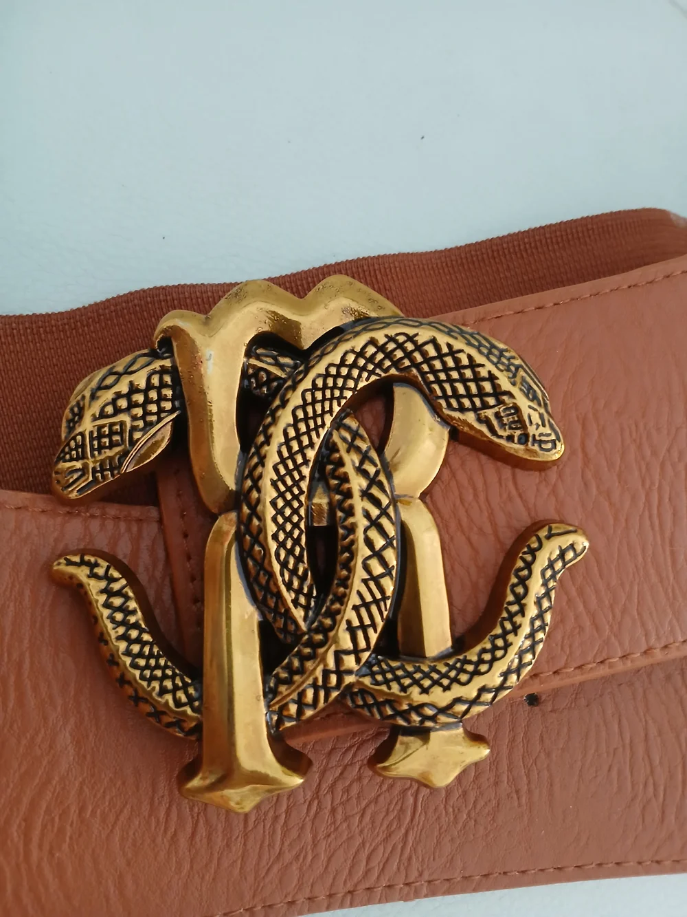 Tan Stretch Belt with Gold Snake Buckle